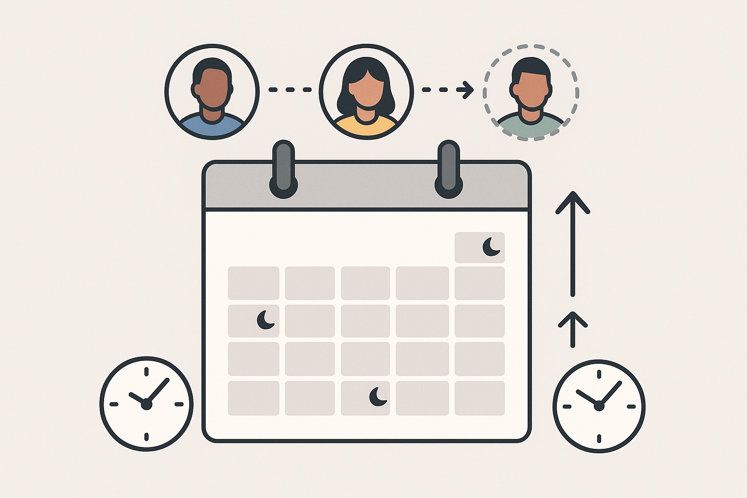 Flat-style illustration of an on-call schedule with a calendar, three team member avatars showing rotation, and clocks representing different shifts and time zones.